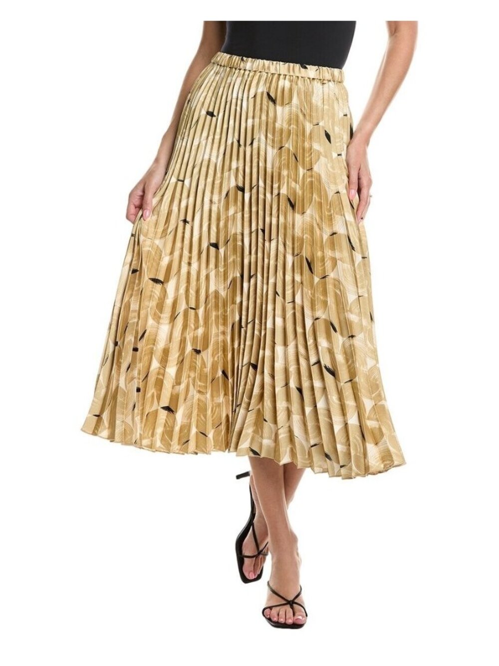 Anne Klein Women polyester Printed Pleated Pull-On Midi Skirt Beige Size L $119
